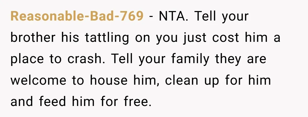 Reasonable-Bad-769 − NTA. Tell your brother his tattling on you just cost him a place to crash. Tell your family they are welcome to house him, clean up for him...