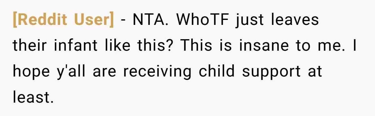 [Reddit User] − NTA. WhoTF just leaves their infant like this? This is insane to me. I hope y'all are receiving child support at least.