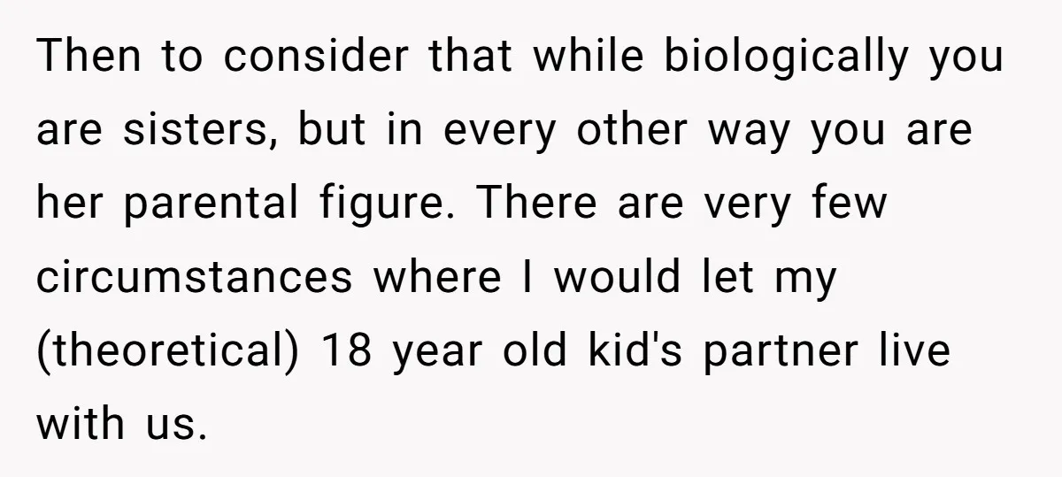 Then to consider that while biologically you are sisters, but in every other way you are her parental figure. There are very few circumstances where I would let my (theoretical)...