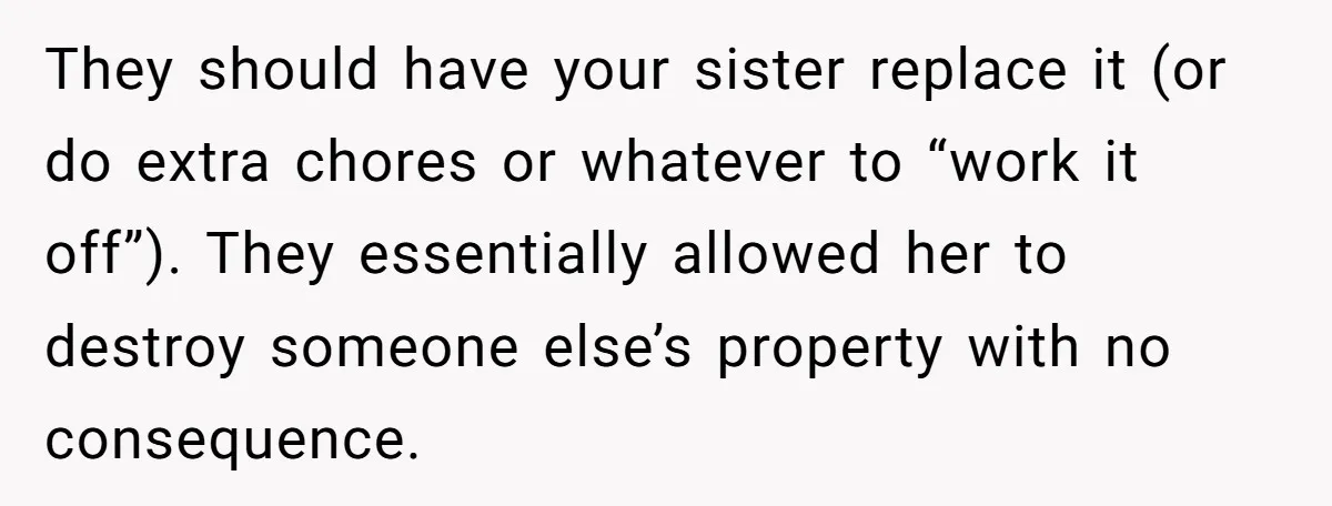 They should have your sister replace it (or do extra chores or whatever to “work it off”). They essentially allowed her to destroy someone else’s property with no consequence.