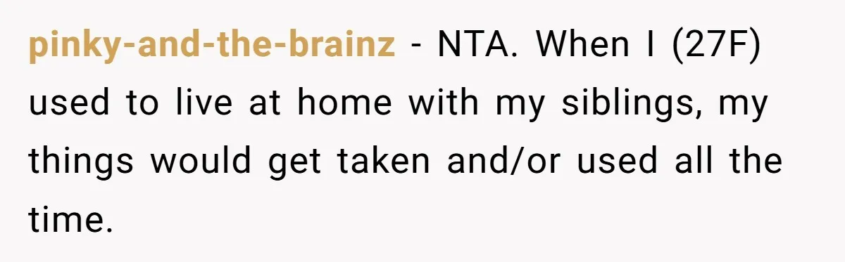 pinky-and-the-brainz − NTA. When I (27F) used to live at home with my siblings, my things would get taken and/or used all the time.