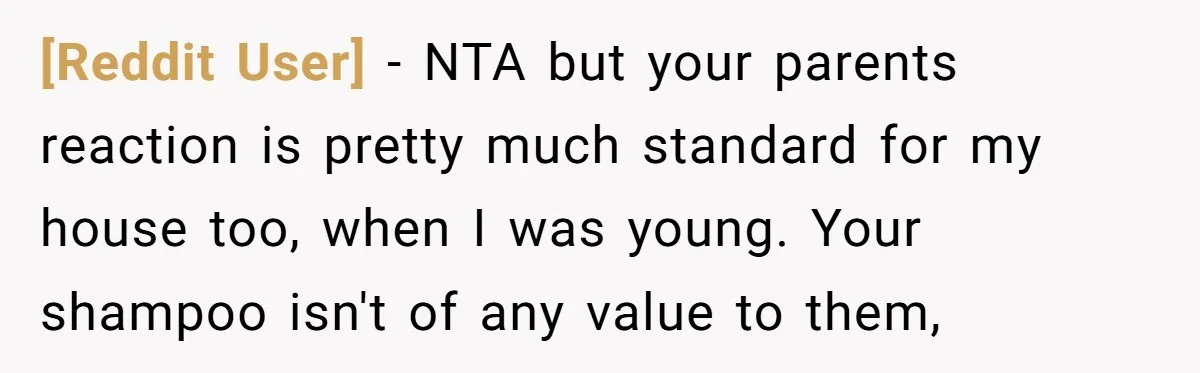 [Reddit User] − NTA but your parents reaction is pretty much standard for my house too, when I was young. Your shampoo isn't of any value to them,
