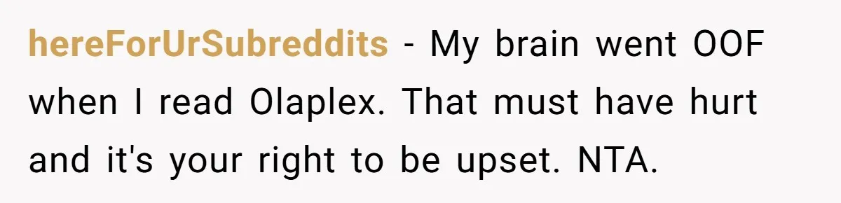hereForUrSubreddits − My brain went OOF when I read Olaplex. That must have hurt and it's your right to be upset. NTA.