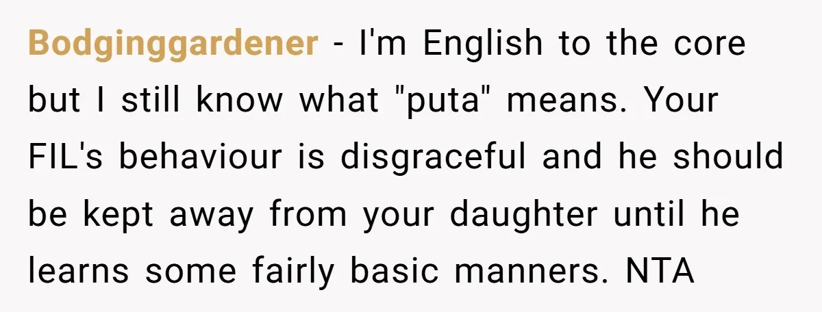 Bodginggardener − I'm English to the core but I still know what "puta" means. Your FIL's behaviour is disgraceful and he should be kept away from your daughter until he...
