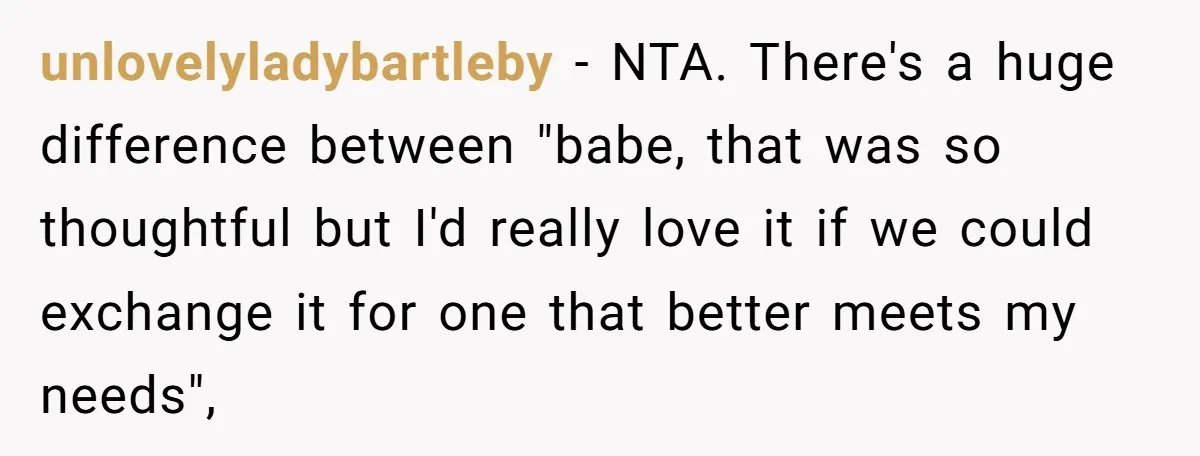unlovelyladybartleby − NTA. There's a huge difference between "babe, that was so thoughtful but I'd really love it if we could exchange it for one that better meets my needs",