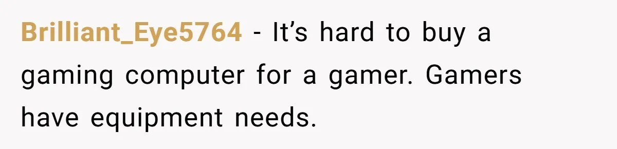 Brilliant_Eye5764 − It’s hard to buy a gaming computer for a gamer. Gamers have equipment needs.