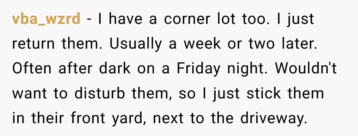 vba_wzrd − I have a corner lot too. I just return them. Usually a week or two later. Often after dark on a Friday night. Wouldn't want to disturb them,...