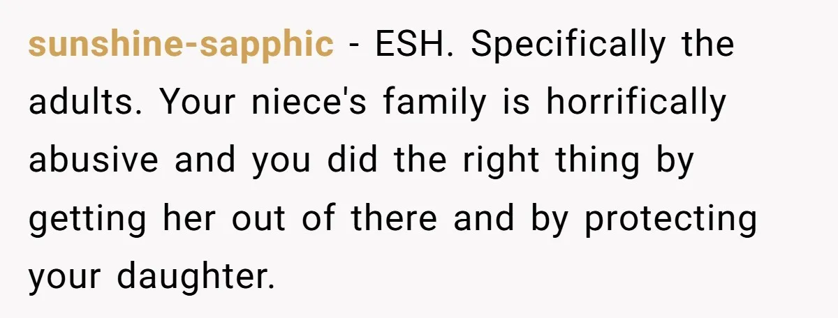 sunshine-sapphic − ESH. Specifically the adults. Your niece's family is horrifically abusive and you did the right thing by getting her out of there and by protecting your daughter.