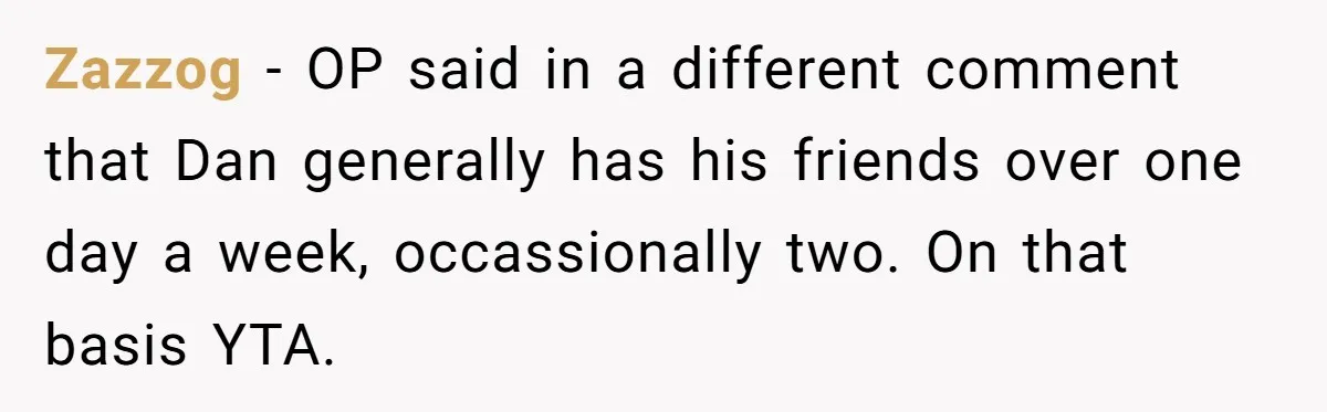 Zazzog − OP said in a different comment that Dan generally has his friends over one day a week, occassionally two. On that basis YTA.