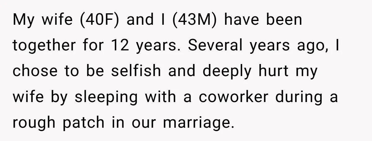My wife (40F) and I (43M) have been together for 12 years. Several years ago, I chose to be selfish and deeply hurt my wife by sleeping with a coworker...