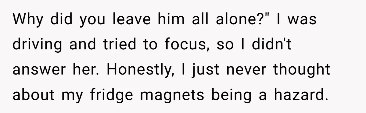 Why did you leave him all alone?" I was driving and tried to focus, so I didn't answer her. Honestly, I just never thought about my fridge magnets being a...