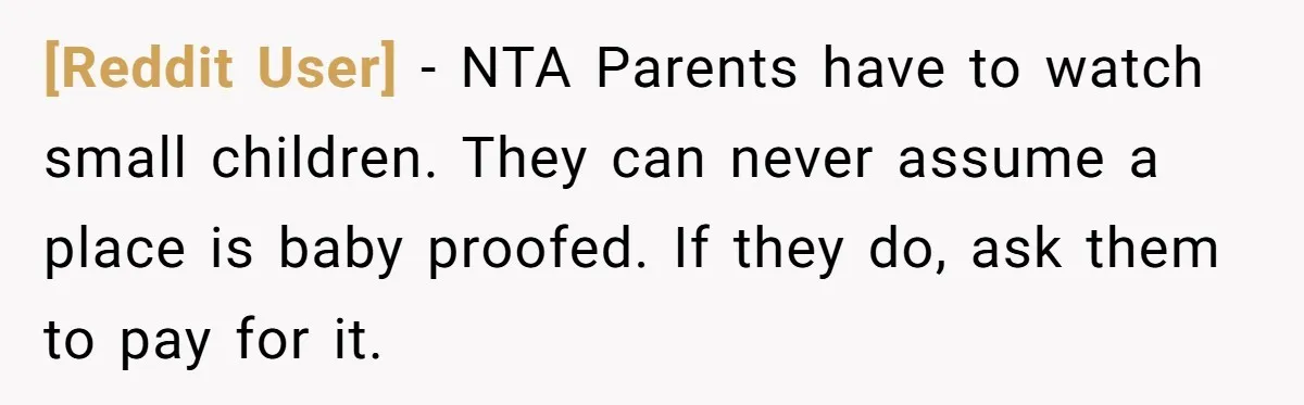 [Reddit User] − NTA Parents have to watch small children. They can never assume a place is baby proofed. If they do, ask them to pay for it.