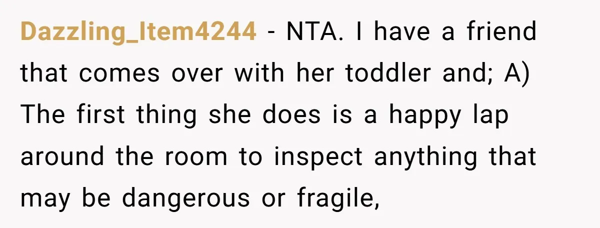 Dazzling_Item4244 − NTA. I have a friend that comes over with her toddler and; A) The first thing she does is a happy lap around the room to inspect anything...