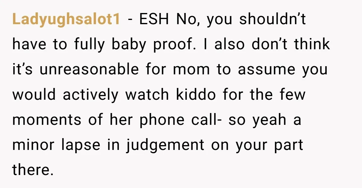 Ladyughsalot1 − ESH No, you shouldn’t have to fully baby proof. I also don’t think it’s unreasonable for mom to assume you would actively watch kiddo for the few moments...