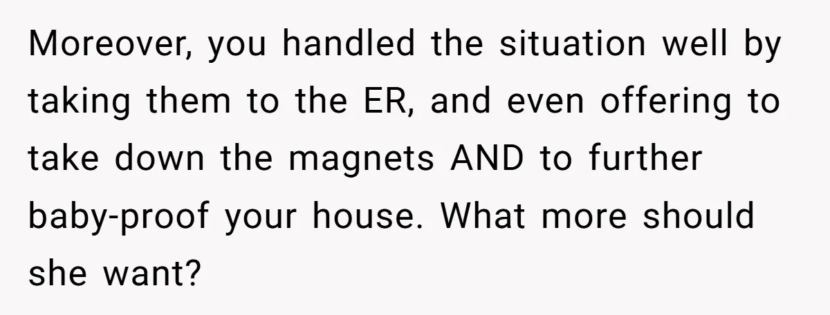 Moreover, you handled the situation well by taking them to the ER, and even offering to take down the magnets AND to further baby-proof your house. What more should she...