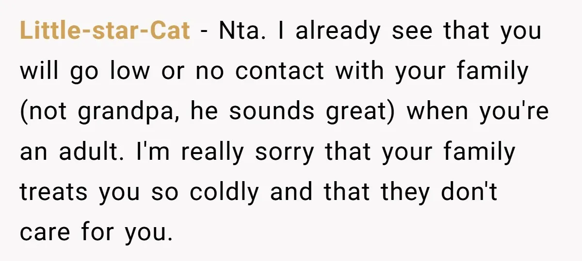 Little-star-Cat − Nta. I already see that you will go low or no contact with your family (not grandpa, he sounds great) when you're an adult. I'm really sorry that...
