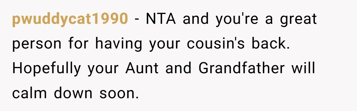 pwuddycat1990 − NTA and you're a great person for having your cousin's back. Hopefully your Aunt and Grandfather will calm down soon.