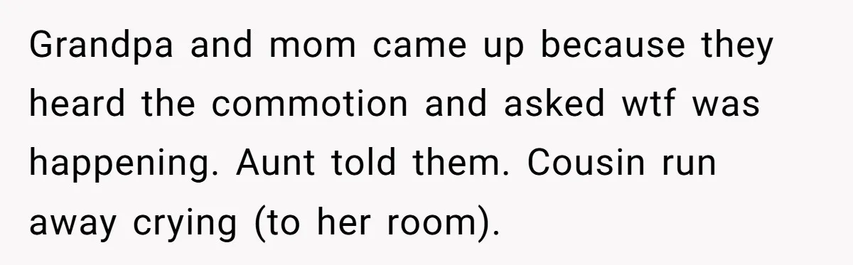 Grandpa and mom came up because they heard the commotion and asked wtf was happening. Aunt told them. Cousin run away crying (to her room).