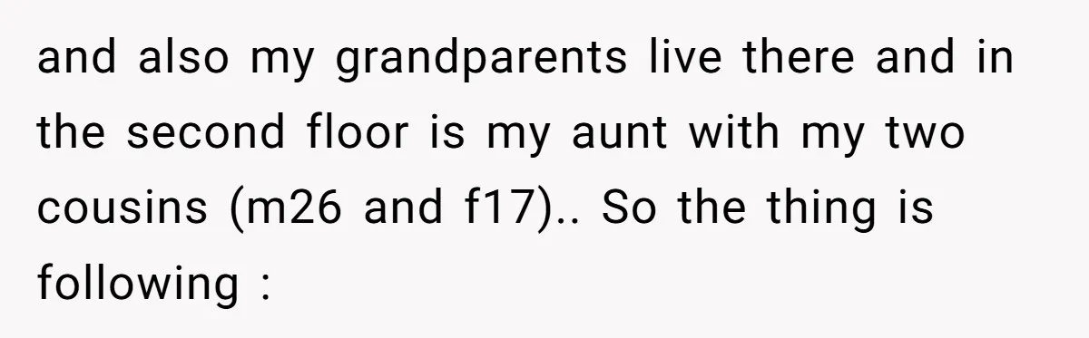 and also my grandparents live there and in the second floor is my aunt with my two cousins (m26 and f17).. So the thing is following :