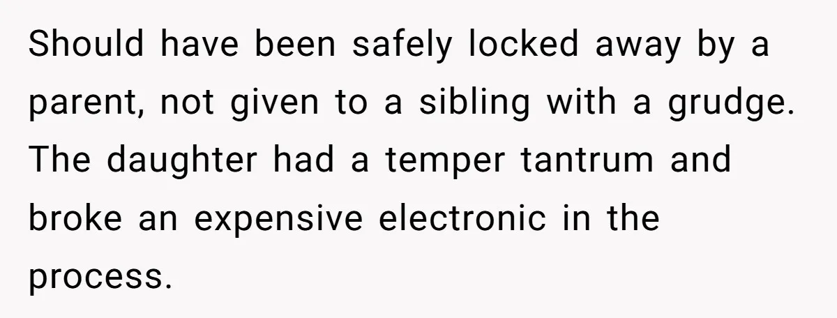 Should have been safely locked away by a parent, not given to a sibling with a grudge. The daughter had a temper tantrum and broke an expensive electronic in the...