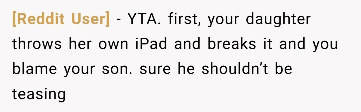 [Reddit User] − YTA. first, your daughter throws her own iPad and breaks it and you blame your son. sure he shouldn’t be teasing