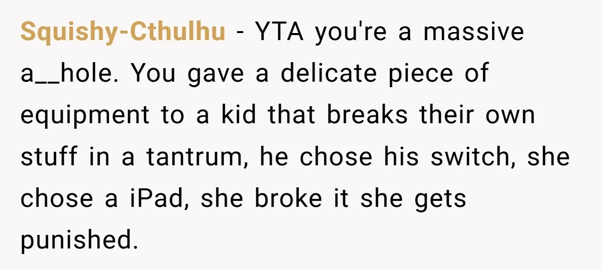 Squishy-Cthulhu − YTA you're a massive a__hole. You gave a delicate piece of equipment to a kid that breaks their own stuff in a tantrum, he chose his switch, she...