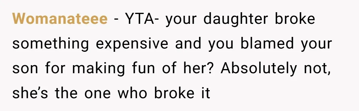 Womanateee − YTA- your daughter broke something expensive and you blamed your son for making fun of her? Absolutely not, she’s the one who broke it