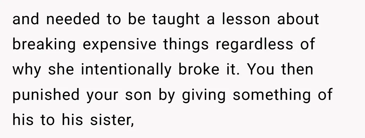 and needed to be taught a lesson about breaking expensive things regardless of why she intentionally broke it. You then punished your son by giving something of his to his...