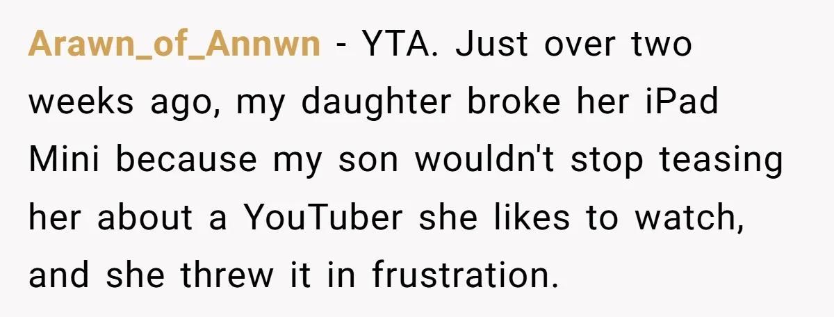 Arawn_of_Annwn − YTA. Just over two weeks ago, my daughter broke her iPad Mini because my son wouldn't stop teasing her about a YouTuber she likes to watch, and she...