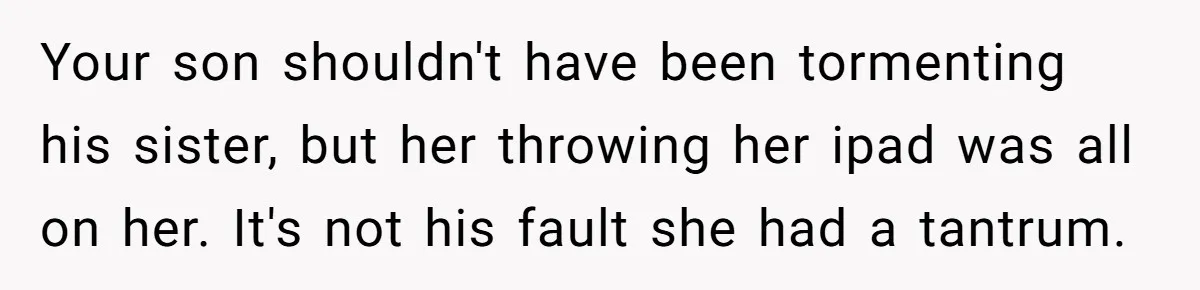 Your son shouldn't have been tormenting his sister, but her throwing her ipad was all on her. It's not his fault she had a tantrum.