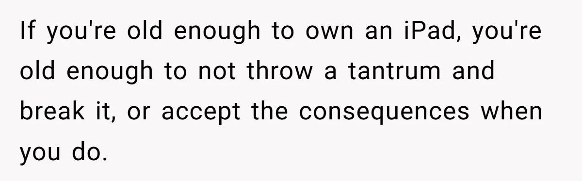 If you're old enough to own an iPad, you're old enough to not throw a tantrum and break it, or accept the consequences when you do.