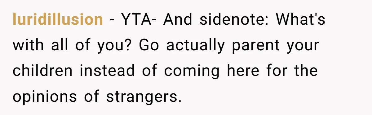 luridillusion − YTA- And sidenote: What's with all of you? Go actually parent your children instead of coming here for the opinions of strangers.