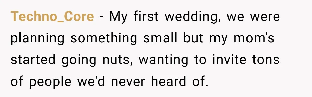 Techno_Core − My first wedding, we were planning something small but my mom's started going nuts, wanting to invite tons of people we'd never heard of.