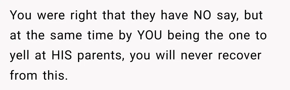 You were right that they have NO say, but at the same time by YOU being the one to yell at HIS parents, you will never recover from this.