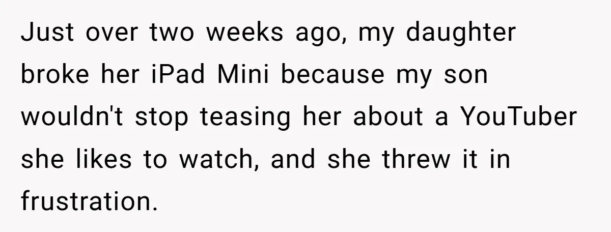 Just over two weeks ago, my daughter broke her iPad Mini because my son wouldn't stop teasing her about a YouTuber she likes to watch, and she threw it in...