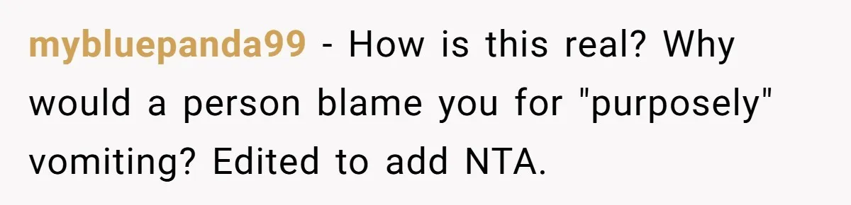 mybluepanda99 - How is this real? Why would a person blame you for "purposely" vomiting? Edited to add NTA.