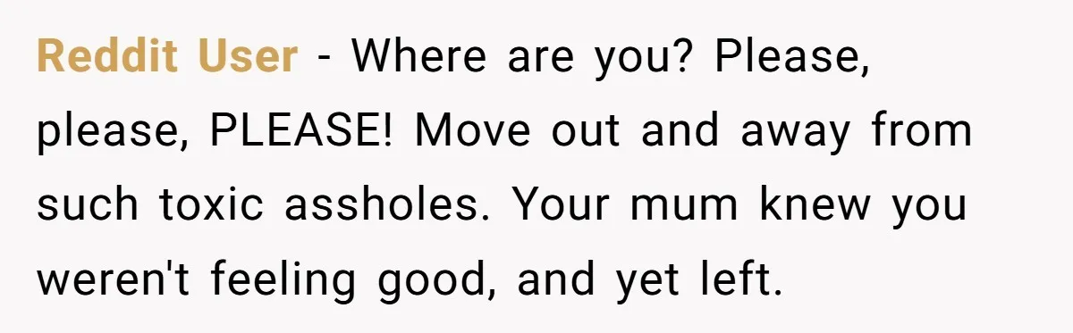 Reddit User - Where are you? Please, please, PLEASE! Move out and away from such toxic assholes. Your mum knew you weren't feeling good, and yet left.