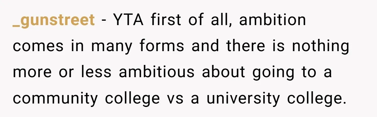 _gunstreet − YTA first of all, ambition comes in many forms and there is nothing more or less ambitious about going to a community college vs a university college.