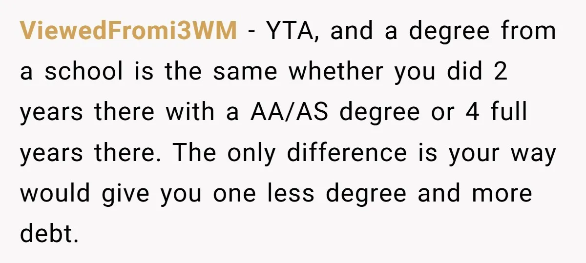 ViewedFromi3WM − YTA, and a degree from a school is the same whether you did 2 years there with a AA/AS degree or 4 full years there. The only difference...