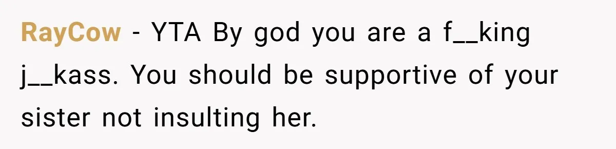 RayCow − YTA By god you are a f__king j__kass. You should be supportive of your sister not insulting her.