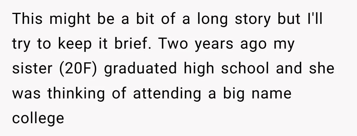 This might be a bit of a long story but I'll try to keep it brief. Two years ago my sister (20F) graduated high school and she was thinking of...