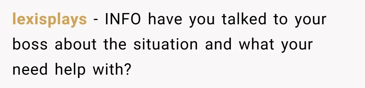 lexisplays − INFO have you talked to your boss about the situation and what your need help with?