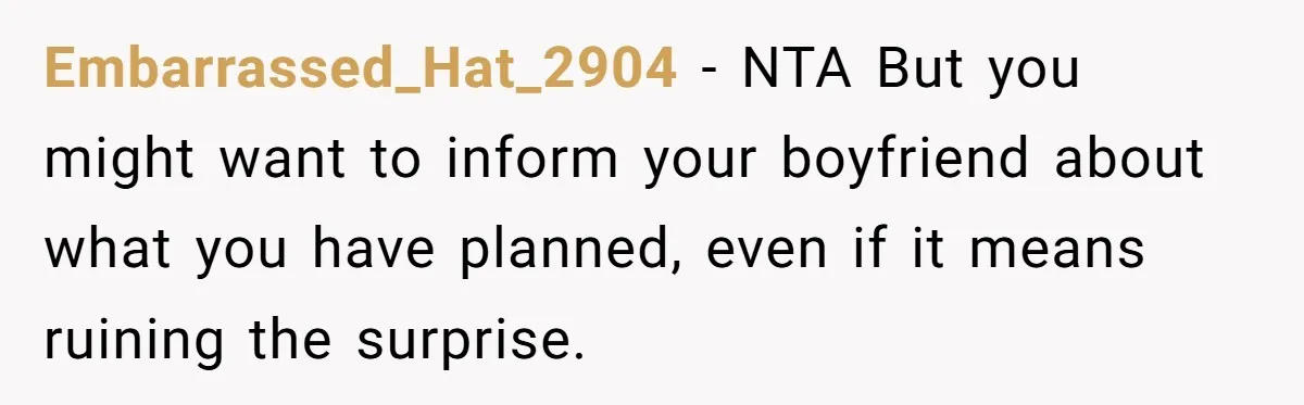 Embarrassed_Hat_2904 − NTA But you might want to inform your boyfriend about what you have planned, even if it means ruining the surprise.