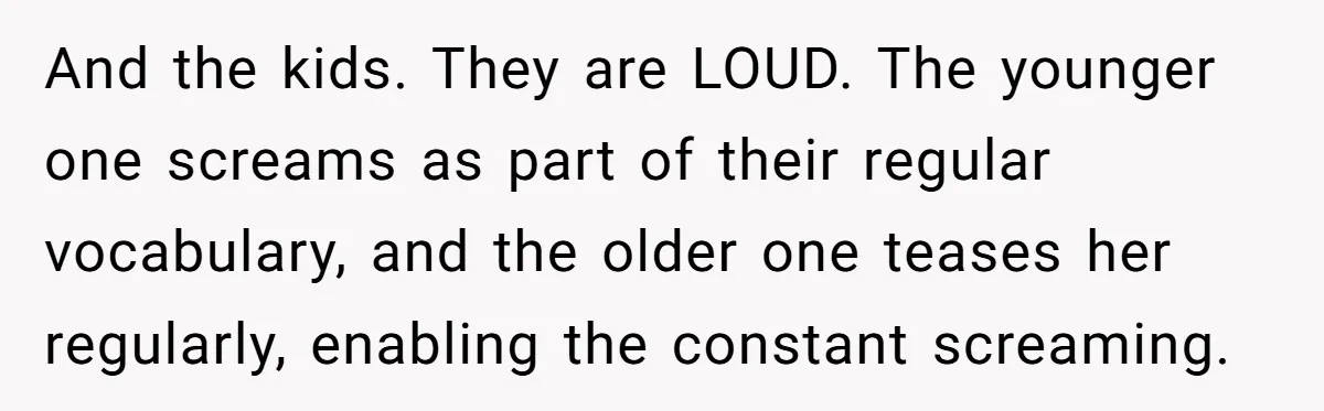 And the kids. They are LOUD. The younger one screams as part of their regular vocabulary, and the older one teases her regularly, enabling the constant screaming.