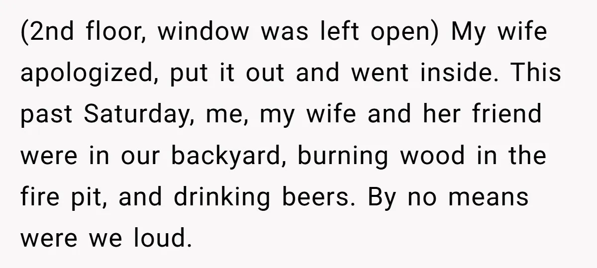 (2nd floor, window was left open) My wife apologized, put it out and went inside. This past Saturday, me, my wife and her friend were in our backyard, burning wood...