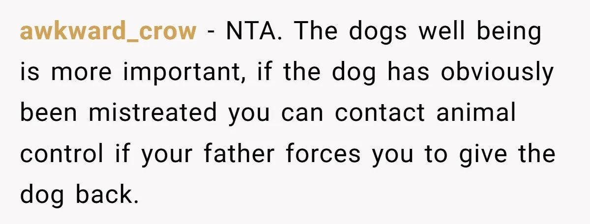 awkward_crow − NTA. The dogs well being is more important, if the dog has obviously been mistreated you can contact animal control if your father forces you to give the...