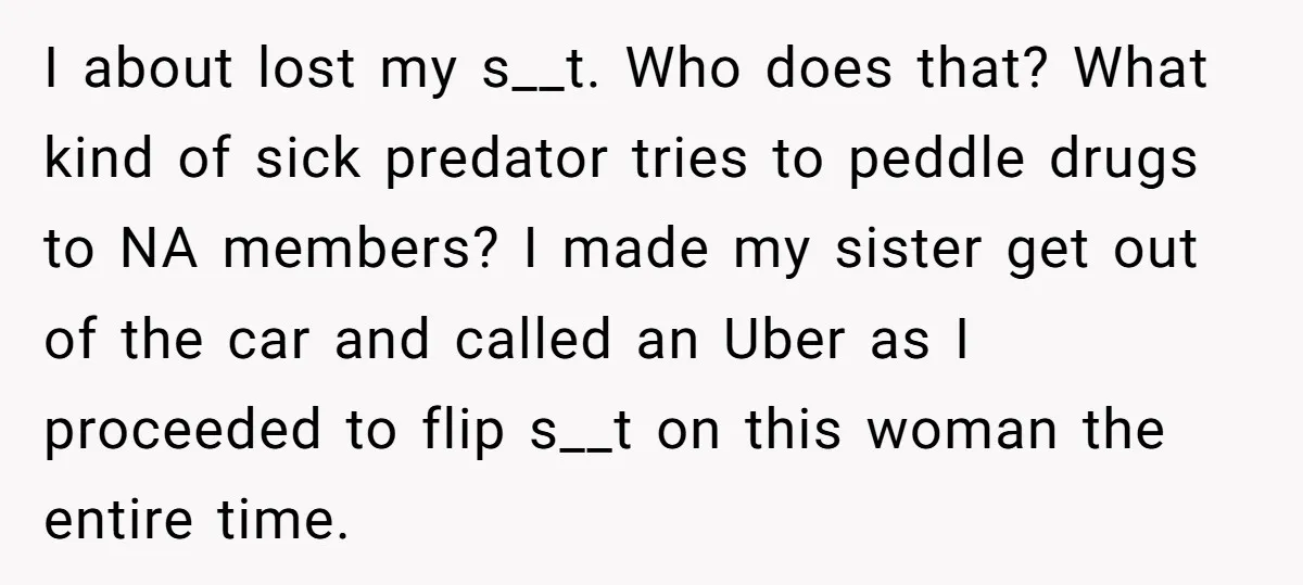 I about lost my s__t. Who does that? What kind of sick predator tries to peddle drugs to NA members? I made my sister get out of the car and...