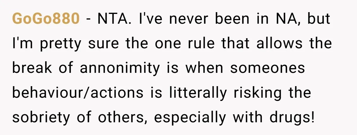 GoGo880 − NTA. I've never been in NA, but I'm pretty sure the one rule that allows the break of annonimity is when someones behaviour/actions is litterally risking the sobriety...