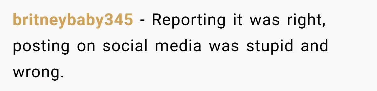 britneybaby345 − Reporting it was right, posting on social media was stupid and wrong.