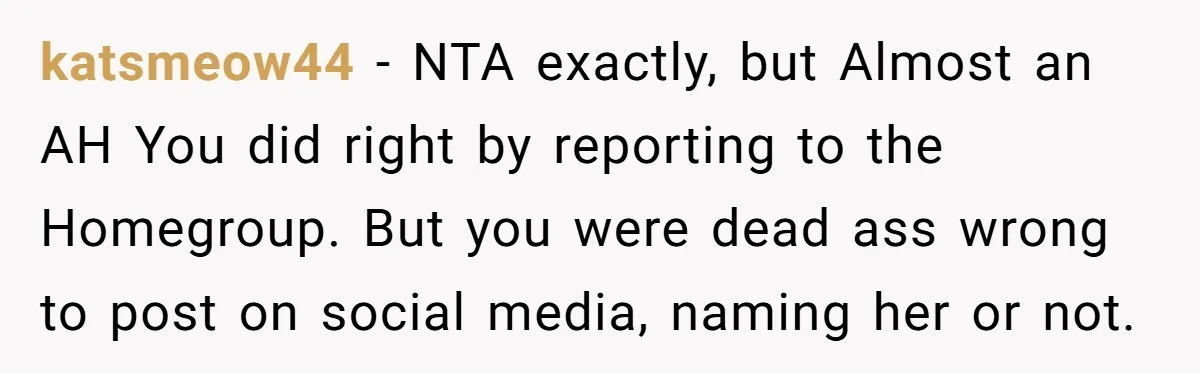 katsmeow44 − NTA exactly, but Almost an AH You did right by reporting to the Homegroup. But you were dead ass wrong to post on social media, naming her or...